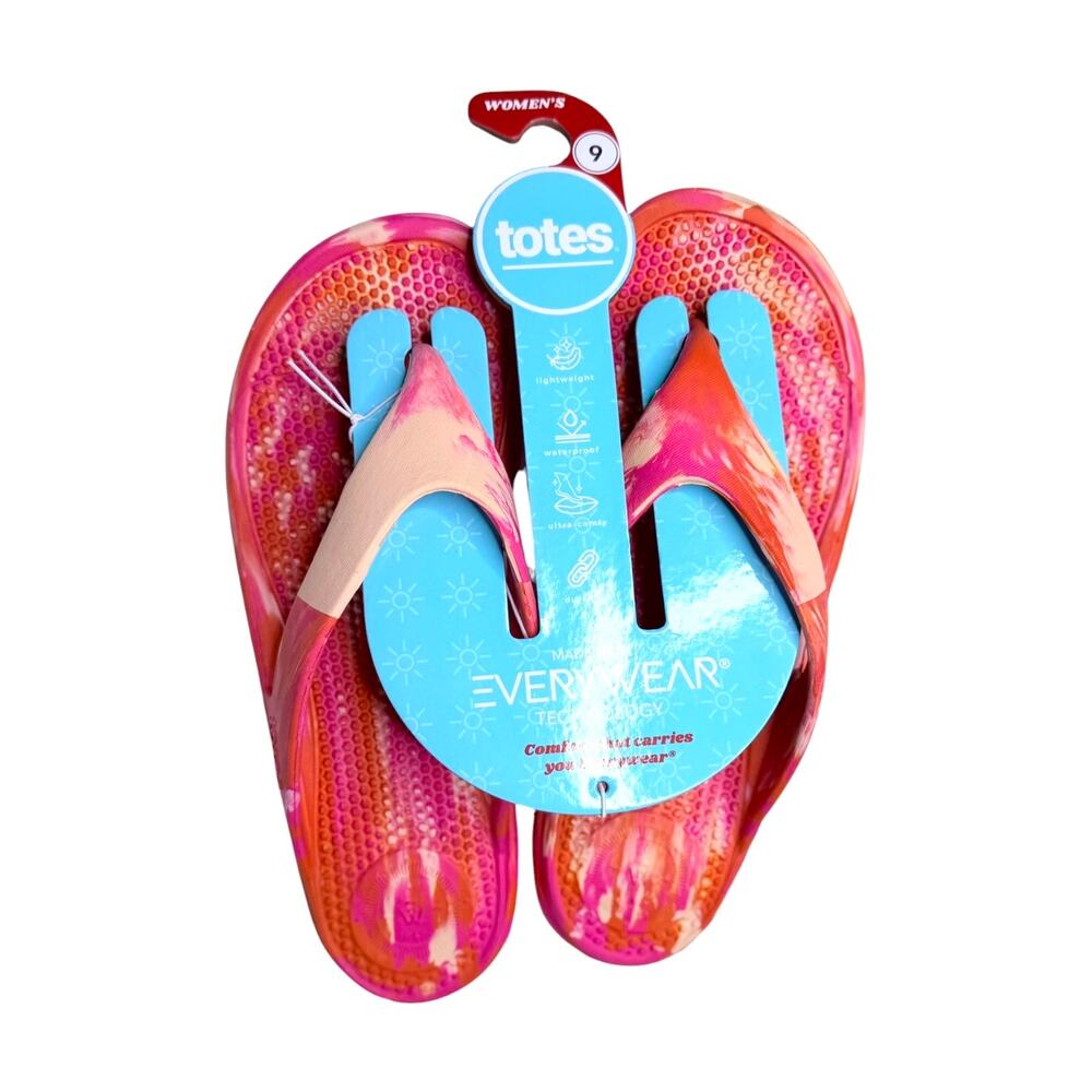 Totes Flip Flops Women's 9 Sol Bounce Everywear Tie Dye Red Orange Marbled New